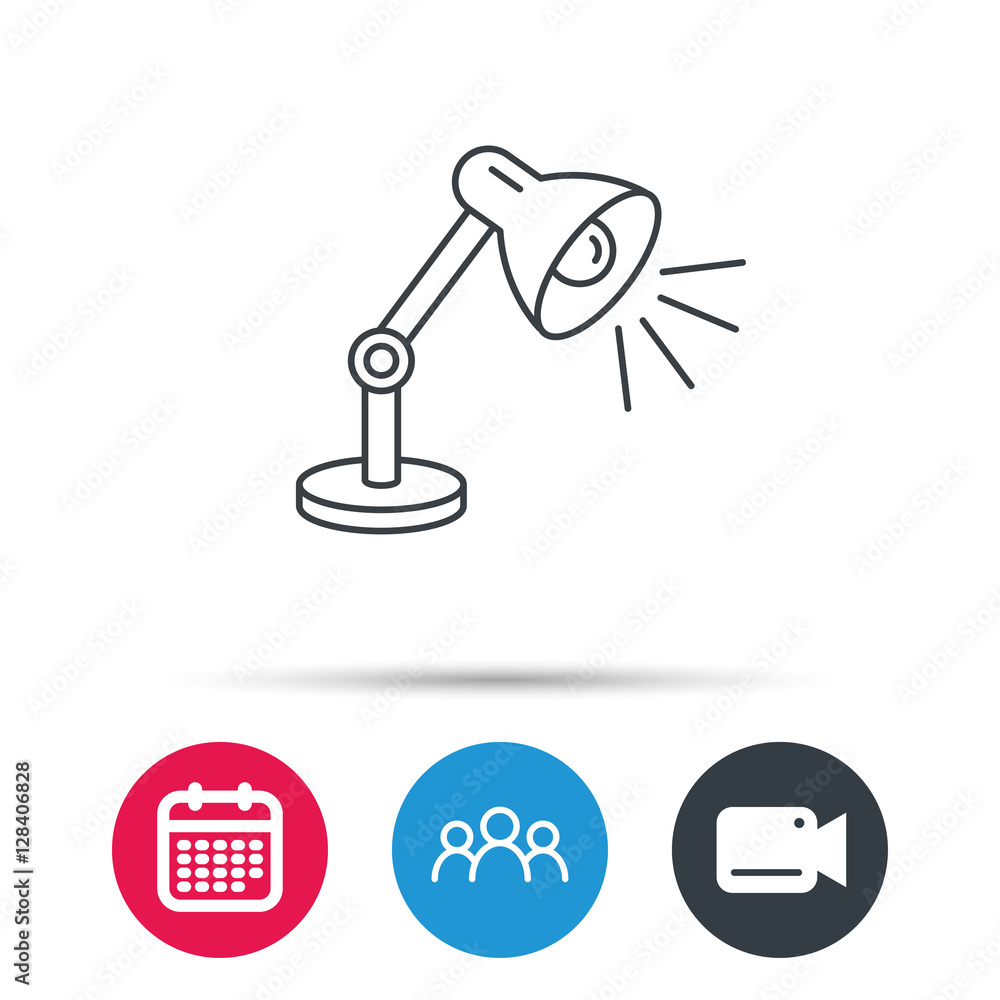 Table lamp icon. Desk light sign. Group of people, video cam and calendar icons. Vector Table lamp icon. Desk light sign. Group of people, video cam and calendar icons. Vector