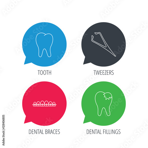 Colored speech bubbles. Dental braces, fillings and tooth icons. Tweezers linear sign. Flat web buttons with linear icons. Vector