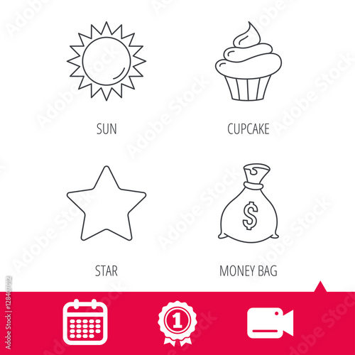 Achievement and video cam signs. Sun, star and cupcake icons. Money bag linear sign. Calendar icon. Vector