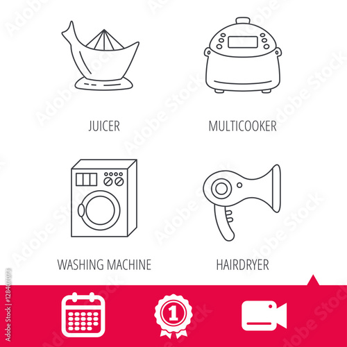 Achievement and video cam signs. Washing machine, multicooker and hair dryer icons. Washing machine linear sign. Calendar icon. Vector