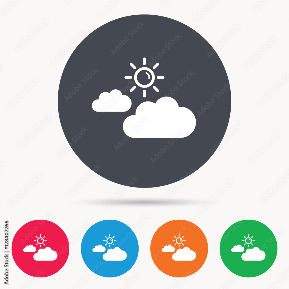 Cloud with sun icon. Sunny weather symbol. Colored circle buttons with flat web icon. Vector Cloud with sun icon. Sunny weather symbol. Colored circle buttons with flat web icon. Vector