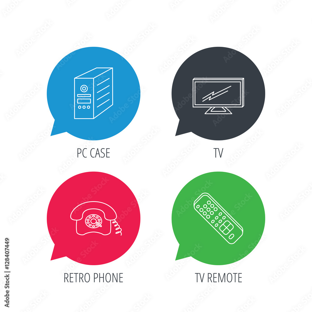 Colored speech bubbles. TV remote, retro phone and TV remote icons. Widescreen TV linear sign. Flat web buttons with linear icons. Vector Colored speech bubbles. TV remote, retro phone and TV remote icons. Widescreen TV linear sign. Flat web buttons with linear icons. Vector