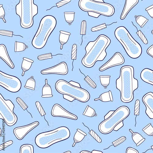 Seamless pattern with feminine hygiene products. Sanitary pads, tampons, menstrual cups, panties. Vector background.