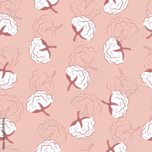 Cotton plant seamless pattern. Vector pink background with cotton buds.