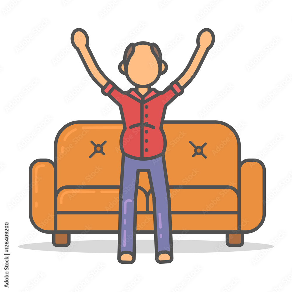 Elderly and paunchy man happy on couch in room flat style. Vector character on sofa flat line illustration.