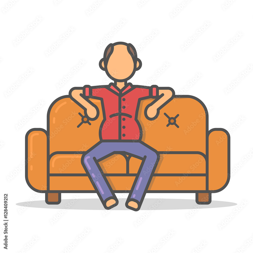 Elderly and paunchy man relax on couch in room flat style. Vector character on sofa flat line illustration.