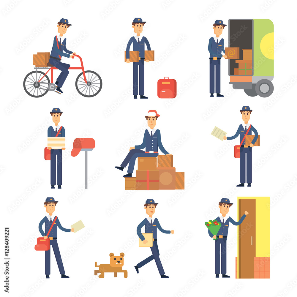 Postman delivery man character vector set.