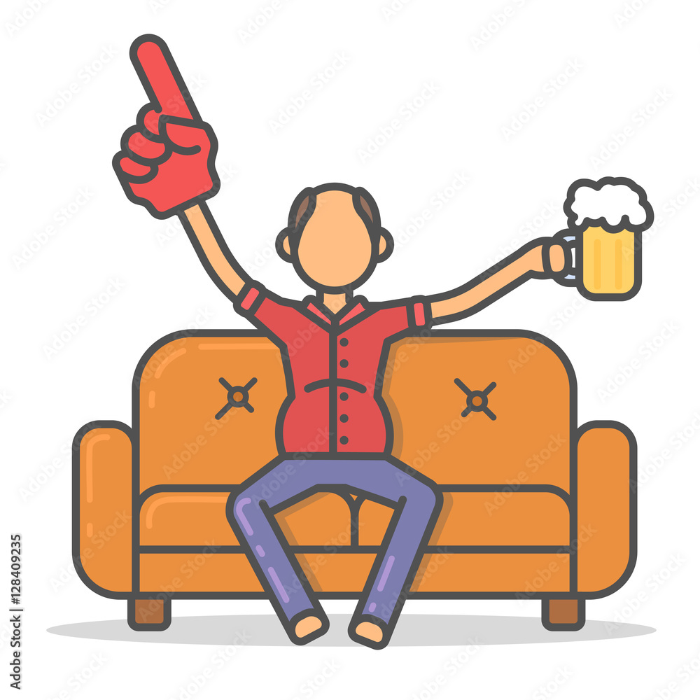 Elderly and paunchy man drinking beer on couch in room flat style