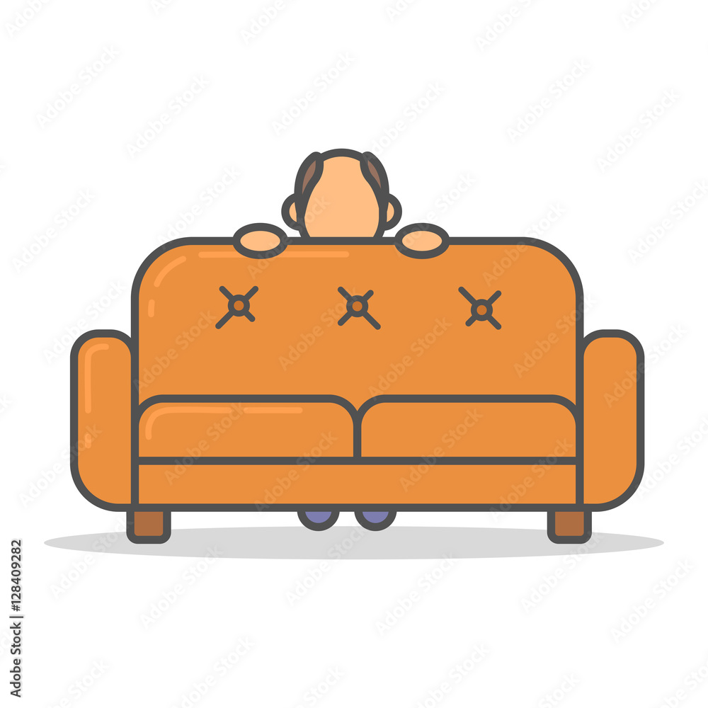 Elderly and paunchy man hiding behind couch in room flat style. Vector  character on sofa flat line illustration. Stock-Vektorgrafik | Adobe Stock
