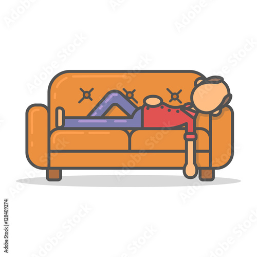 Elderly and paunchy man lazy lying on couch in room flat style. Vector character on sofa flat line illustration.