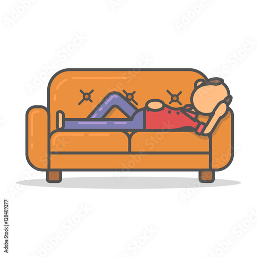 Elderly and paunchy man lazy lying on couch in room flat style. Vector character on sofa flat line illustration.
