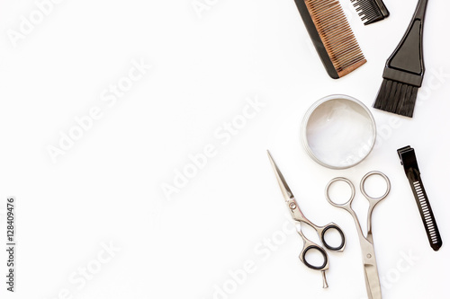 Canvas Print hairdresser tools on white background top view
