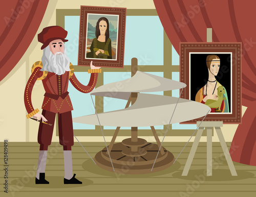 da vinci at his atelier workshop with mona lisa, paintings and helicopter flying machine
