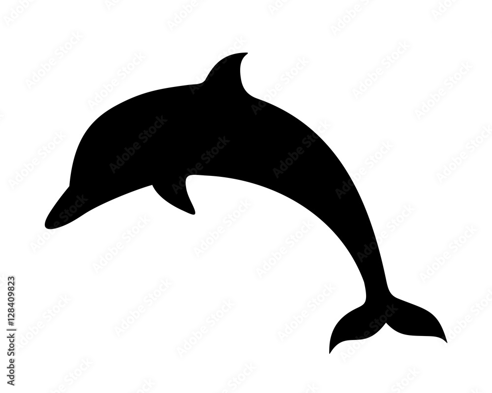 Naklejka premium Vector black silhouette of a dolphin isolated on a white background.