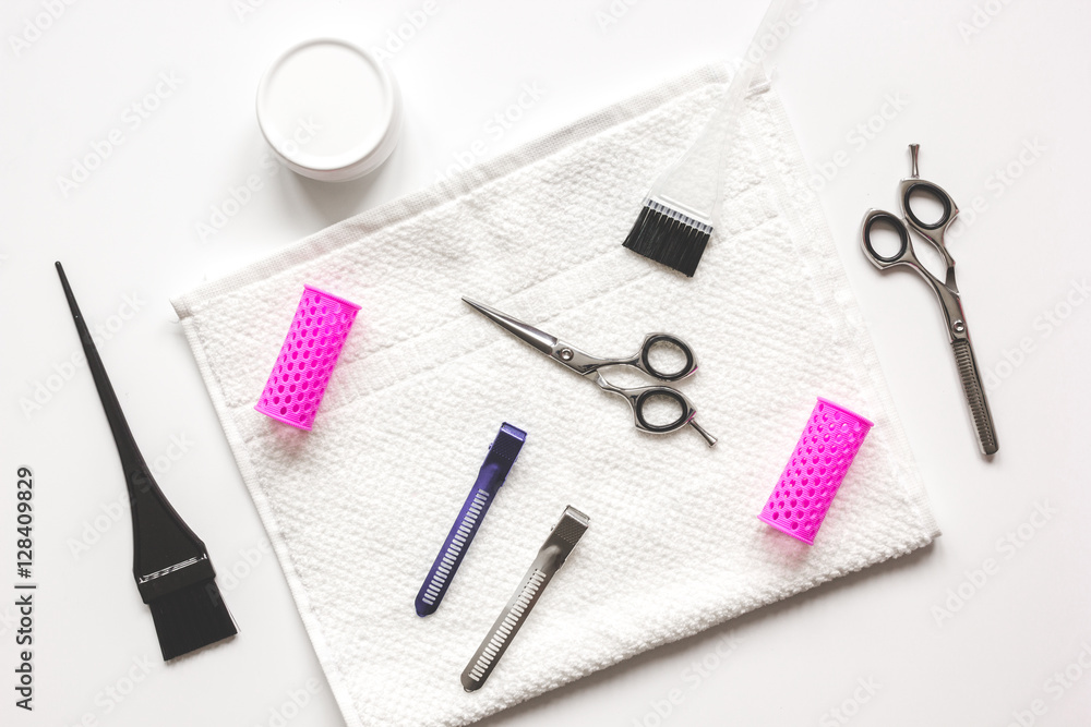 hairdresser working desk preparation for cutting hair top view hairdresser working desk preparation for cutting hair top view