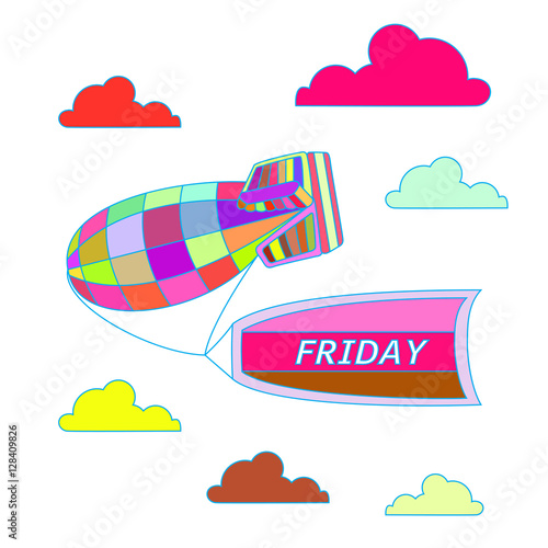 Celebrate Friday. Colorful vector illustration of blimp carrying flag with Friday logo.