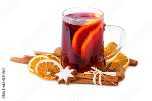 Christmas mulled wine with winter spices on white photo