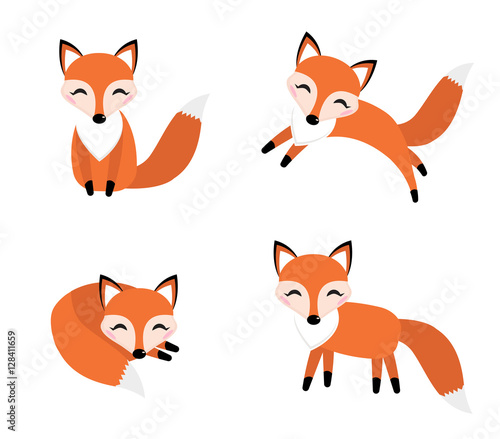 Cute fox set flat style. Foxy in different poses, sleeping, jumping, sitting. Character, mascot Vector illustration