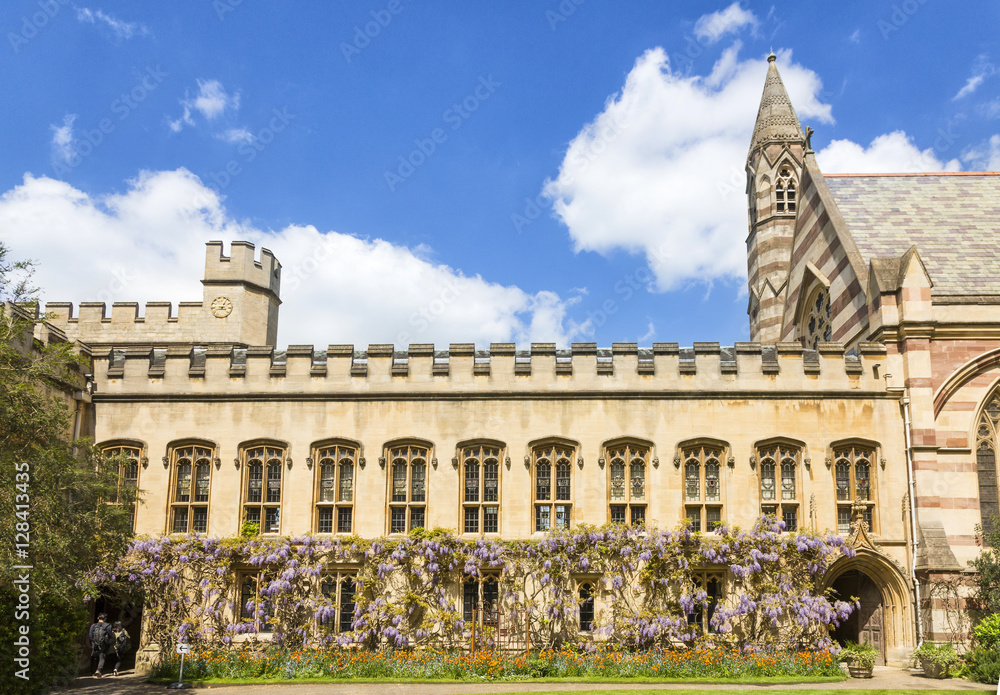 Interior facade of Balliol College with gardens full of lilacs