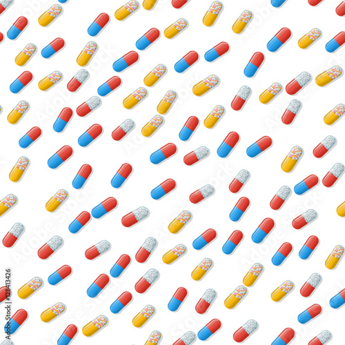 Vector medical seamless pattern with color capsules on white. Background with pharmaceutical pills: vitamin, painkiller and antibiotics. Medicine illustration of medicament dose for health.
