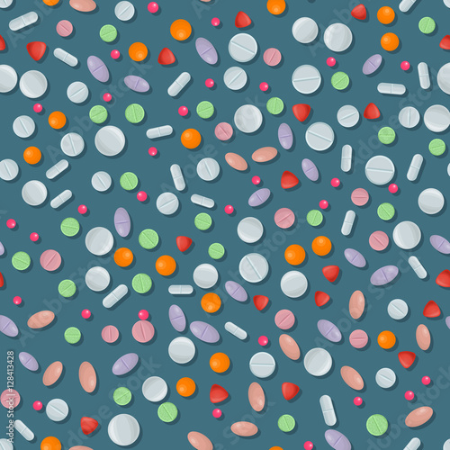 Vector medical seamless pattern with color pills on white. Background with pharmaceutical medicament: tablet and dragee. Medicine illustration of medicament drugs for hospital, pharmacy design.