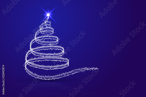 Abstract christmas tree blue background. White christmas tree from lines, sparkles, dots and transparent circles on blue gradient backdrop with shadow and reflection. 