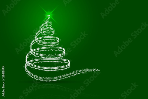 Abstract christmas tree green background. White christmas tree from lines, sparkles, dots and transparent circles on green gradient backdrop with shadow and reflection. 