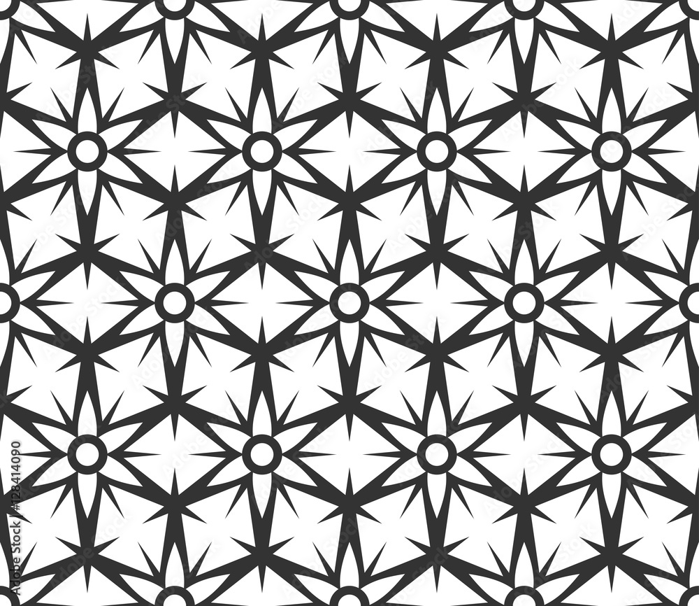 Monochrome geometric seamless pattern. Black and white ethnic, arabic, islam ornament. Modern repeat hexagonal tiles. Vector seamless pattern for wallpaper, fill, web page background, surface textures Monochrome geometric seamless pattern. Black and white ethnic, arabic, islam ornament. Modern repeat hexagonal tiles. Vector seamless pattern for wallpaper, fill, web page background, surface textures