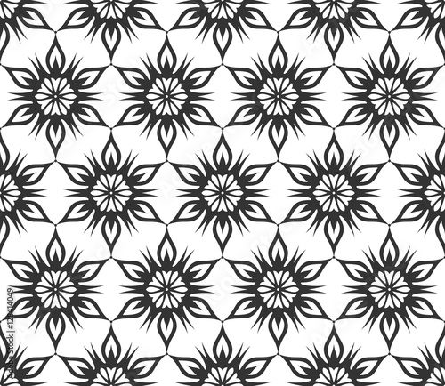 Monochrome geometric seamless pattern. Black and white ethnic, arabic, islam ornament. Modern repeat hexagonal tiles. Vector seamless pattern for wallpaper, fill, web page background, surface textures