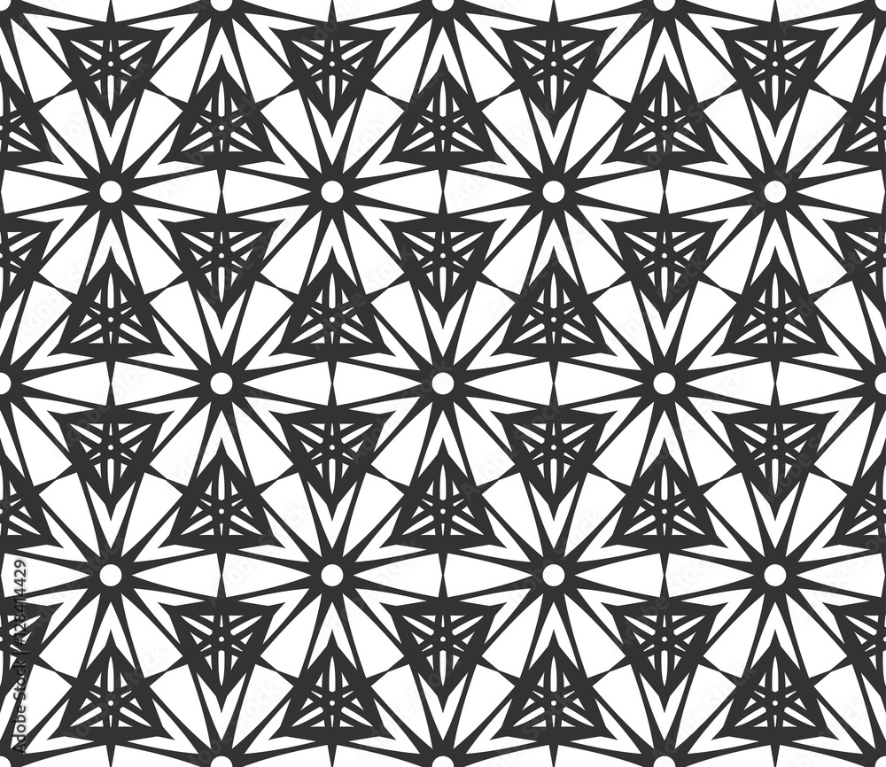 Monochrome geometric seamless pattern. Black and white ethnic, arabic, islam ornament. Modern repeat hexagonal tiles. Vector seamless pattern for wallpaper, fill, web page background, surface textures Monochrome geometric seamless pattern. Black and white ethnic, arabic, islam ornament. Modern repeat hexagonal tiles. Vector seamless pattern for wallpaper, fill, web page background, surface textures