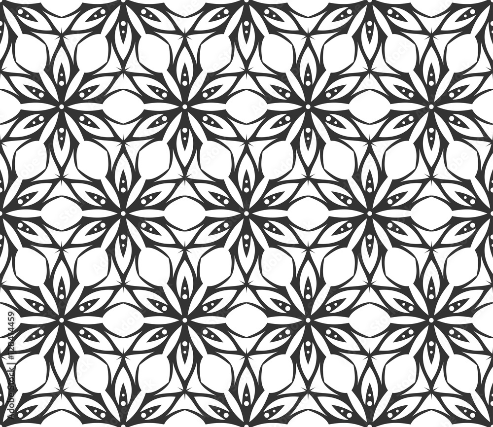 Monochrome geometric seamless pattern. Black and white ethnic, arabic, islam ornament. Modern repeat hexagonal tiles. Vector seamless pattern for wallpaper, fill, web page background, surface textures Monochrome geometric seamless pattern. Black and white ethnic, arabic, islam ornament. Modern repeat hexagonal tiles. Vector seamless pattern for wallpaper, fill, web page background, surface textures