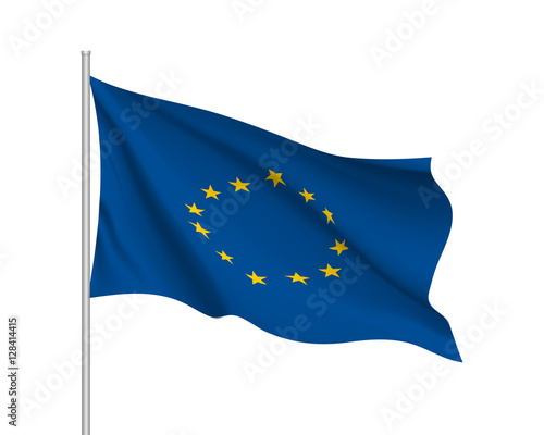Waving flag of European union. Illustration of EU flag on flagpole with yellow stars on blue color. Vector 3d icon isolated on white background.