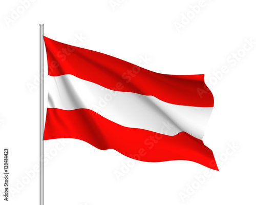 Waving flag of Austria state. Illustration of European country flag on flagpole with red and white colors. Vector 3d icon isolated on white background