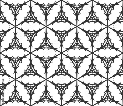 Monochrome geometric seamless pattern. Black and white ethnic, arabic, islam ornament. Modern repeat hexagonal tiles. Vector seamless pattern for wallpaper, fill, web page background, surface textures