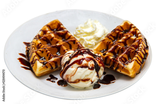 waffle with ice cream and chocolate topping