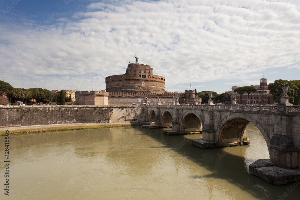 Castle of Sant'Angelo in Rome by the Tiber River on a sunny day 