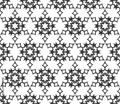 Monochrome geometric seamless pattern. Black and white ethnic  arabic  islam ornament. Modern repeat hexagonal tiles. Vector seamless pattern for wallpaper  fill  web page background  surface textures