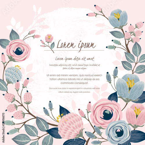 Vector illustration of a beautiful floral border with spring flowers. Light pink background