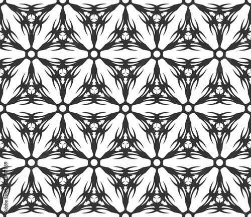 Monochrome geometric seamless pattern. Black and white ethnic, arabic, islam ornament. Modern repeat hexagonal tiles. Vector seamless pattern for wallpaper, fill, web page background, surface textures