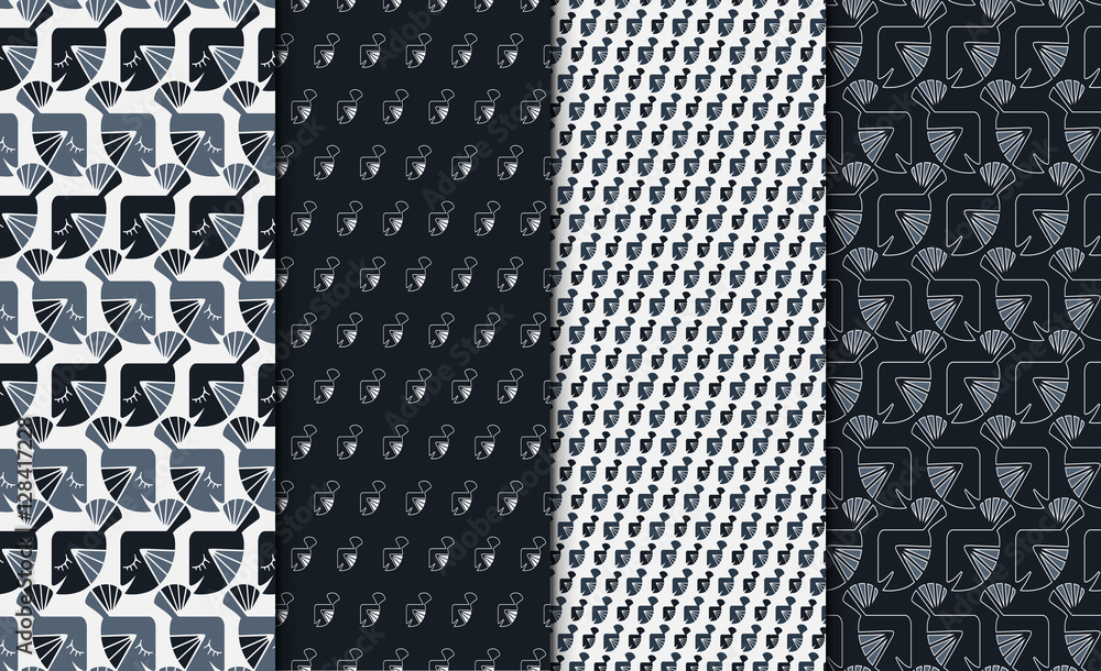 Set of patterns with geometric fish motif. Linear minimalistic background set. 4 repeating textures. Set of patterns with geometric fish motif. Linear minimalistic background set. 4 repeating textures.