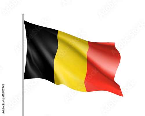 Waving flag of Belgium state. Illustration of European country flag on flagpole with black, yellow and red colors. Vector 3d icon isolated on white background