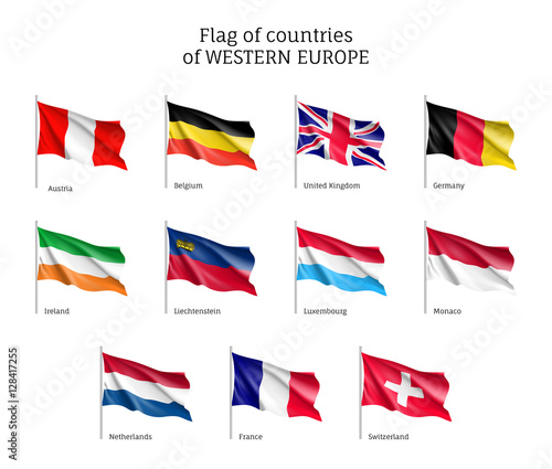 Set of flags of Western Europe countries. 11 ensigns on flagpole of Western Europe member states. Vector 3d icons isolated on white background.