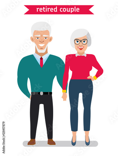 Retired couple in creative flat vector character design.  Man and woman hold each other's hands and smiling. Illustration on white background.