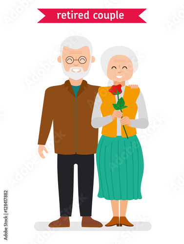 Retired couple. Flat vector cartoon character design. Elderly couple smiling happily, the man gave the woman a rose on a date. Illustration on white background.