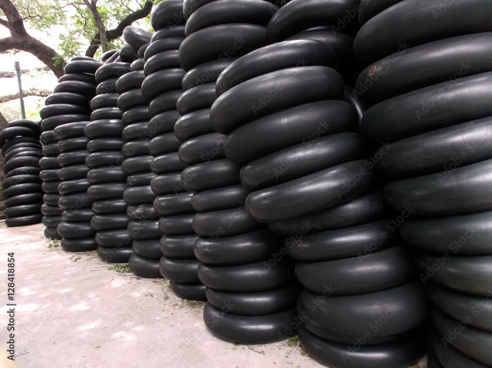 Stacks of Inner tubes/Stacks of inflated black inner tubes Stock