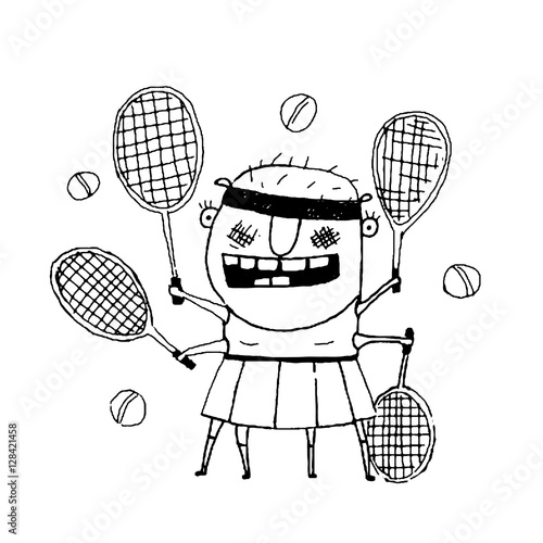 Funny freaky tennis player character monster outline doodle
