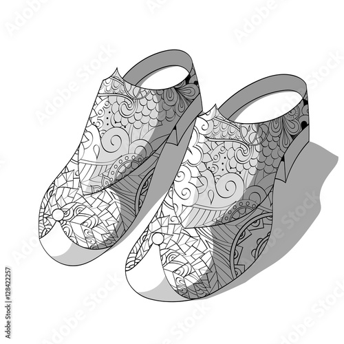 Mojari with ornament. Ethnic shoes. White background, monochrome black and white Illustration with shading. Vector.