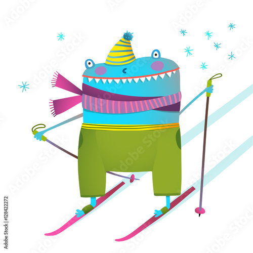 Freaky funny winter skier kids design cartoon