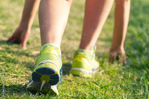 jogging, leg Female athletes in running shoes, start