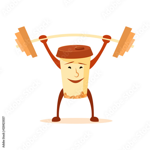 Cartoon happy cup of coffee. Strong cup of coffee with a barbell. Comic characters. Cute food